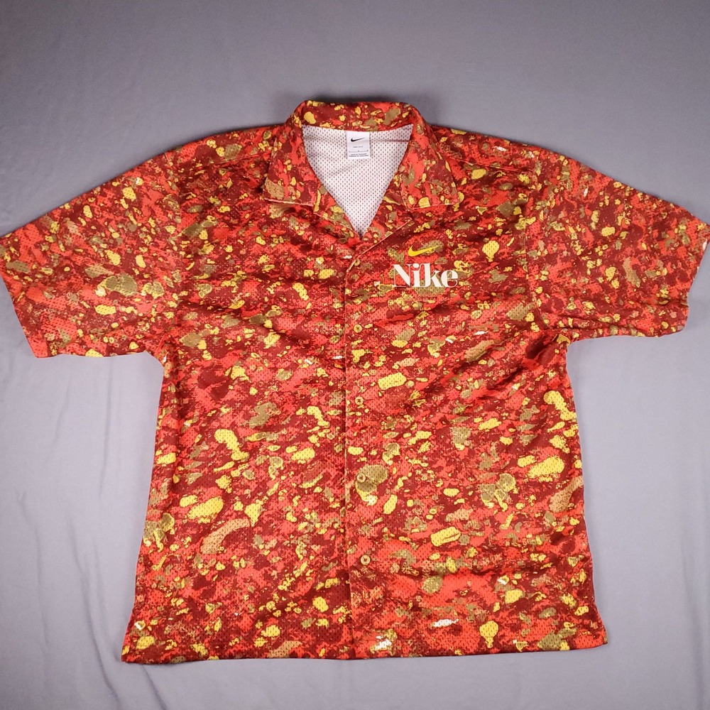 Nike Button Down Shirt Men L Trek Division Dri-FIT Mesh Splatter Camo Red Yellow